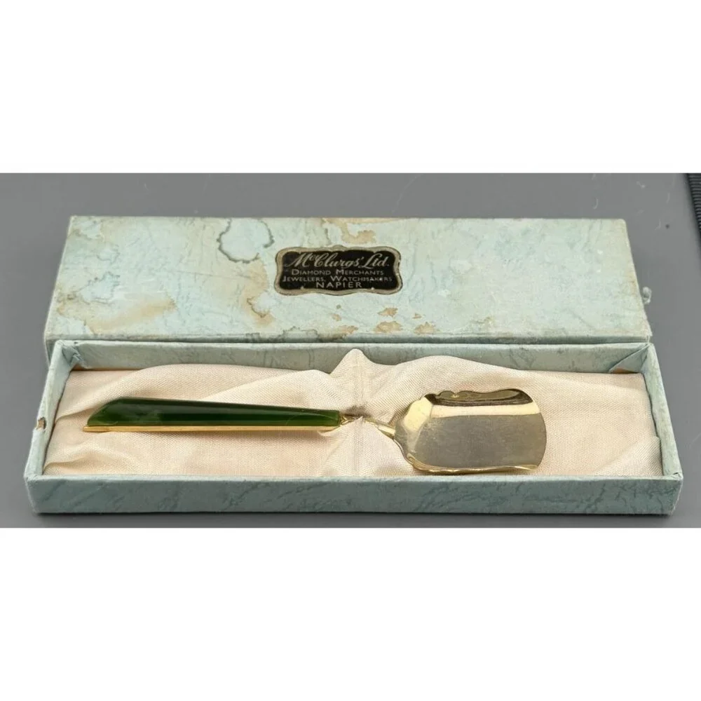 Vintage Napier Jam Spoon Jadeite Handle Gilt Metal McClurg's Jeweler Box